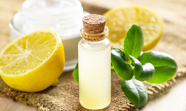 an exposition made of lemon oil locked in a vial, fresh lemon leaves and lemons cut in half