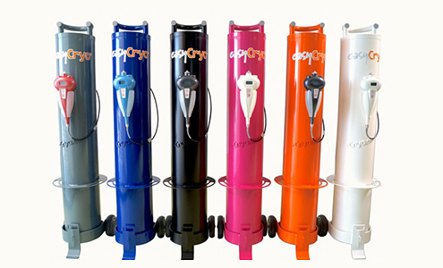 A set of tools for cryotherapy in many colours, grey, blue, black, pink, orange, white.