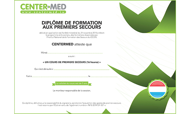 Example of a diploma after following a first aid course at Centermed